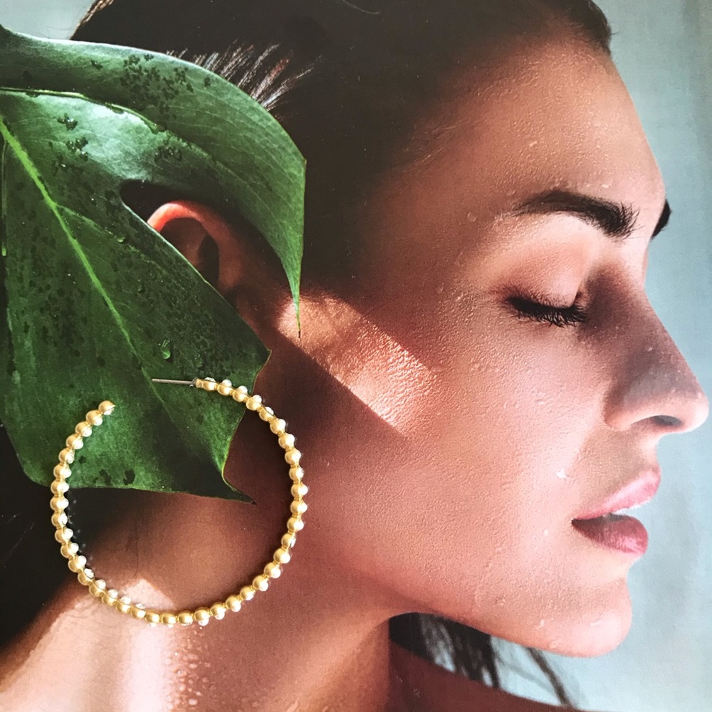 Gold Hoop with Crystals Glass Pearl Earrings - Picture 4 of 16